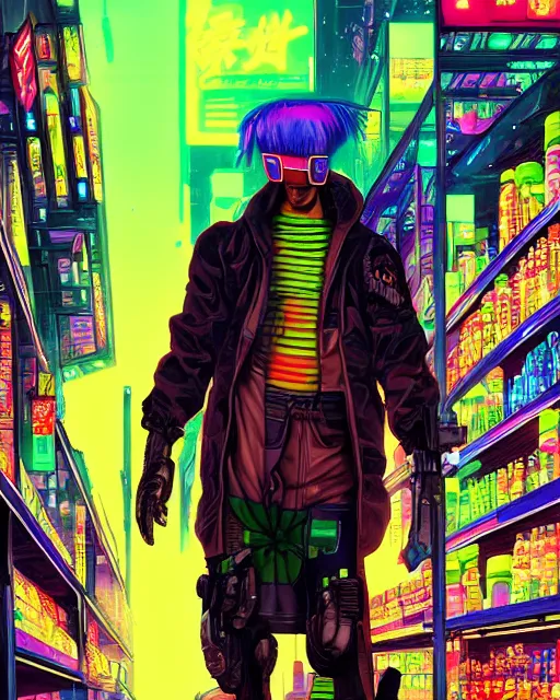 Image similar to cyberpunk man shopping at a neon soaked grocery store, science fiction painting, elegant intricate digital painting artstation, art by masamune shirow, detailed