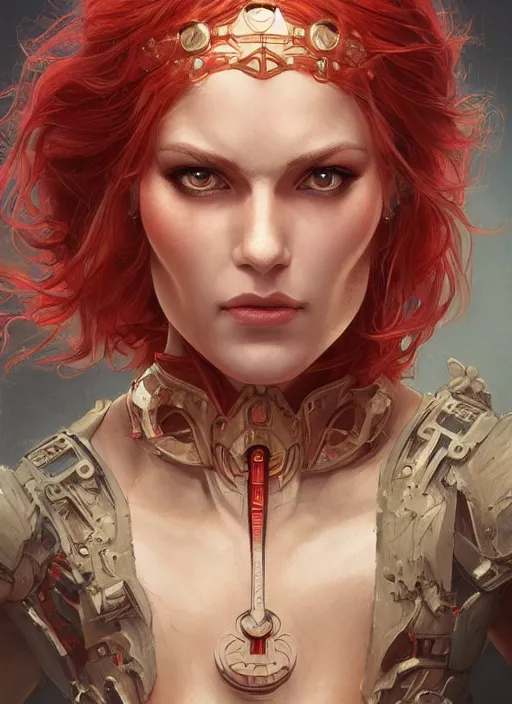 Prompt: symmetry!! red sonja, machine parts embedded into face, intricate, elegant, highly detailed, digital painting, artstation, concept art, smooth, sharp focus, illustration, art by artgerm and greg rutkowski and alphonse mucha, 8 k