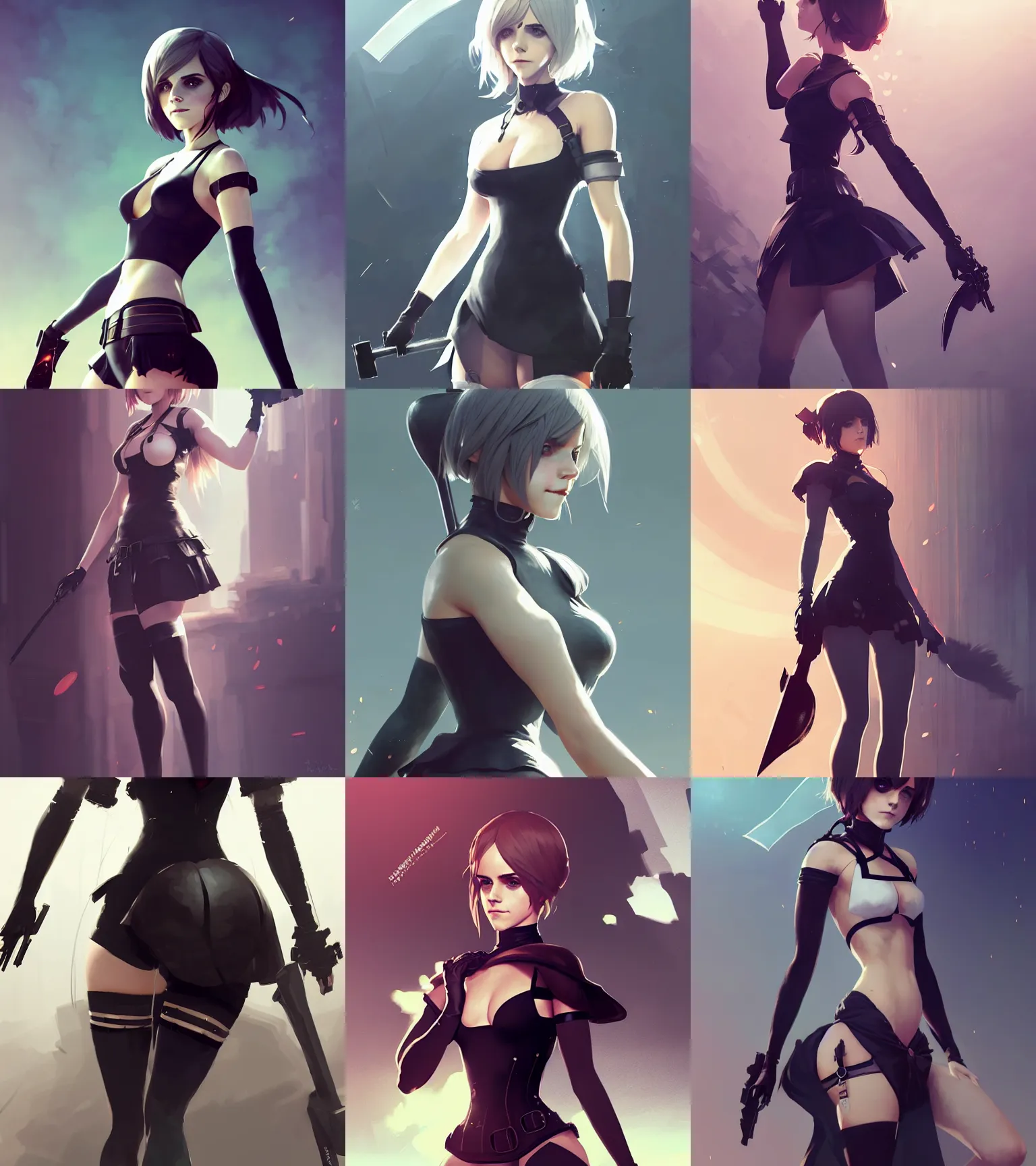 Prompt: attractive Emma Watson as 2b from nier automata , hourglass slim figure , full body shot close up , seductive smile , details, sharp focus , illustration , by Jordan Grimmer and greg rutkowski , Trending artstation , pixiv , digital Art