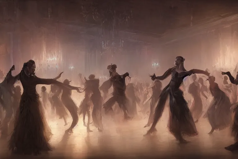 Prompt: Well-groomed zombies dancing in a banquet hall on the dance floor, feeling good as loud music plays, trending on artstation, 4k, 8k, illustrated by Greg Rutkowski and Gaston Bussiere, artstation digital, artstation serene