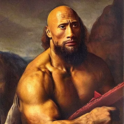 Prompt: Dwayne Johnson writing the vulgate, painted by Rembrandt and Sargent