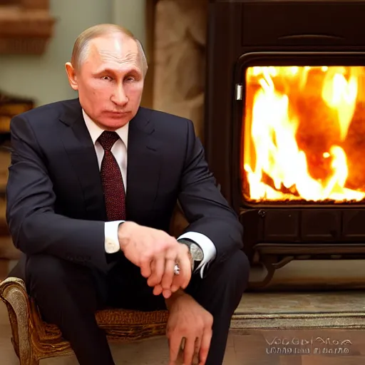 Image similar to vladimir putin in a waistcoat staring at a log fire photograoh, nikon, 5 0 mm lighting effect dof