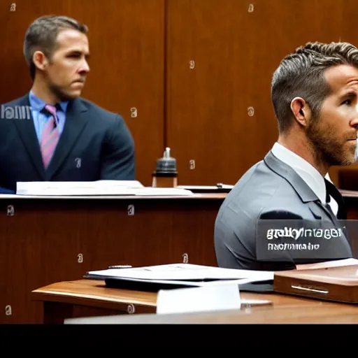 Image similar to news photo of ryan reynolds in courtroom on trial, lawyer sitting beside him, highly detailed, extremely high quality, hd, 4 k, 8 k, professional photographer, 4 0 mp, lifelike, top - rated, award winning, realistic, detailed lighting, detailed shadows, sharp, no blur, edited, corrected, trending