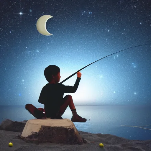 Prompt: a kid sitting on a half moon and fishing the stars