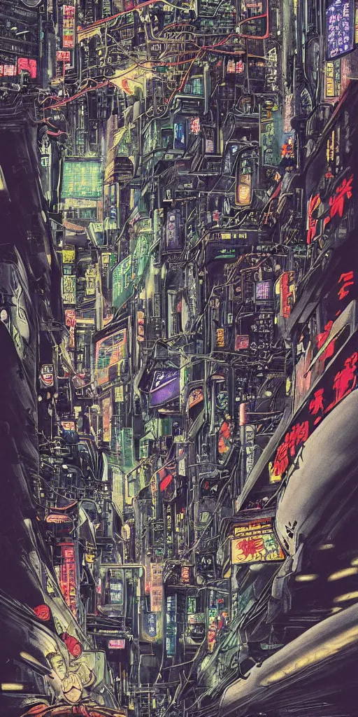 Prompt: beautiful and detailed anime drawing of an AKIRA-like cyberpunk city landscape with light trail from a motorcycle at the bottom and a bridge silhouette at the top, japan at night, 1980s, by Katsuhiro Otomo and mamoru oshii, wide angle, worm\'s eye view, grand, clean, colorful