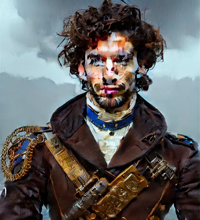 Image similar to portrait of a man with brown curly hair and deep brown eyes wearing a blue traditional 1 9 th century military jacket, metal shoulder pauldrons, intricate, highly detailed, digital painting, artstation, concept art, sharp focus, cinematic lighting, illustration, art by artgerm and greg rutkowski, alphonse mucha, cgsociety