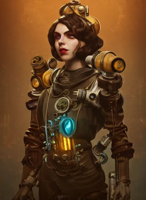 Image similar to Bioshock steampunk biopunk portrait, au naturel, hyper detailed, digital art, trending in artstation, cinematic lighting, studio quality, smooth render, unreal engine 5 rendered, octane rendered, art style by klimt and nixeu and ian sprigger and wlop and krenz cushart