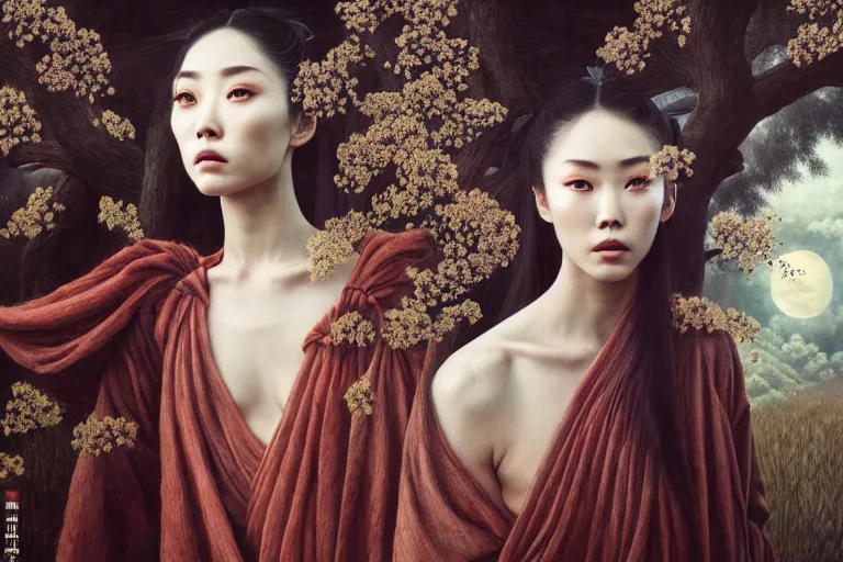 Image similar to wuxia, forest, moonlight, gemma chen, madison beer, pinup, intricate beautiful faces, painting by agostino arrivabene, vanessa beecroft, anka zhuravleva, mary jane ansell, peter mohbacher, gerald brom