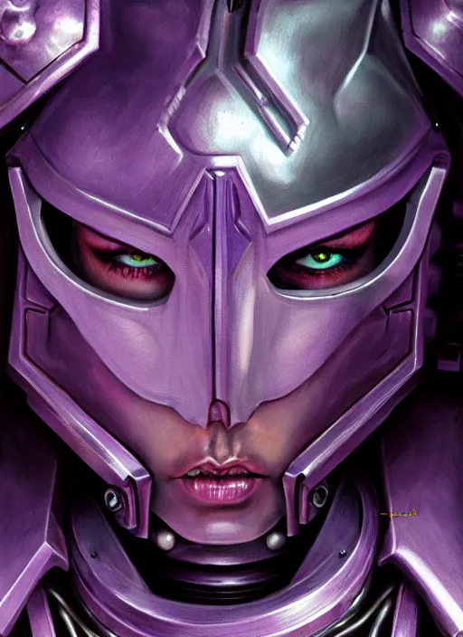 Image similar to extreme close up, portrait of a woman in purple sci - fi armor, bionic arm, intricate, warhammer, warhammer 4 0 k, highly detailed, digital painting, concept art, sharp focus, illustration, muted colors, grim dark, moody, gloomy, art by john blanche, by pedro nunez, by jaime martinez, by nacho molina