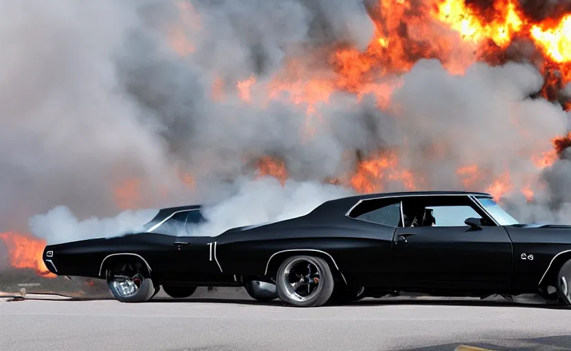 Image similar to a black 1 9 7 0 chevrolet chevelle ss driving i high speed, fire explosion in the background, action scen