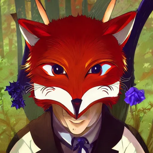 Image similar to portrait of trickster in the fox mask, anime fantasy illustration by tomoyuki yamasaki, kyoto studio, madhouse, ufotable, trending on artstation