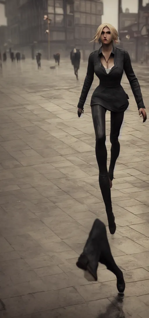 Image similar to beautiful annie leonhart running on high heels with open toe in dunwall city, redshift render, beautiful face, detailed face, cinematic lighting, rainy weather, melancholy atmosphere, volumetric light, octane render, dishonored 1, gothic architecture, realistic reflections, octane render 8 k, model women