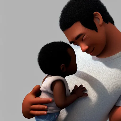 Image similar to black baby held by confused asian man, award winning art, pixar, 3 d render, unreal engine