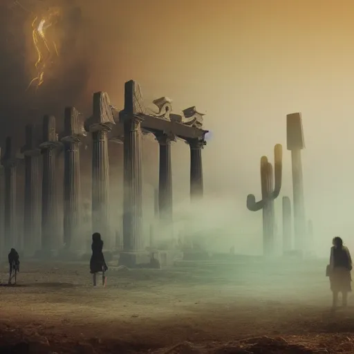 Image similar to Giant smoke monster coming out of the ground, thick swirling smoke, mist, air particles, sandstorm, dramatic lighting, Byzantine ruins, surrounded by priests, worshipers, desert, cinematic, trending on artstation