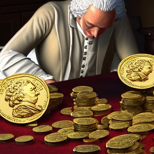 Image similar to a closeup photorealistic photograph of a happy George Washington inspecting small gold Doubloon coins at his home on Cherry Street. This 4K HD image is Trending on Artstation, featured on Behance, well-rendered, extra crisp, features intricate detail and the style of Unreal Engine.