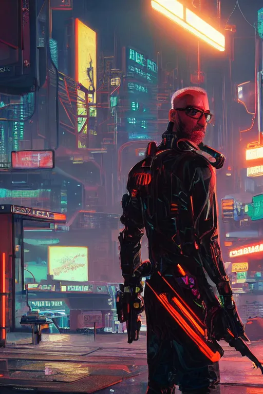 Prompt: gordon freeman in cyberpunk 2 0 7 7, medium shot, background is filled with neon lights and futuristic vehicles, trending on artstation, ultra realistic, 4 k