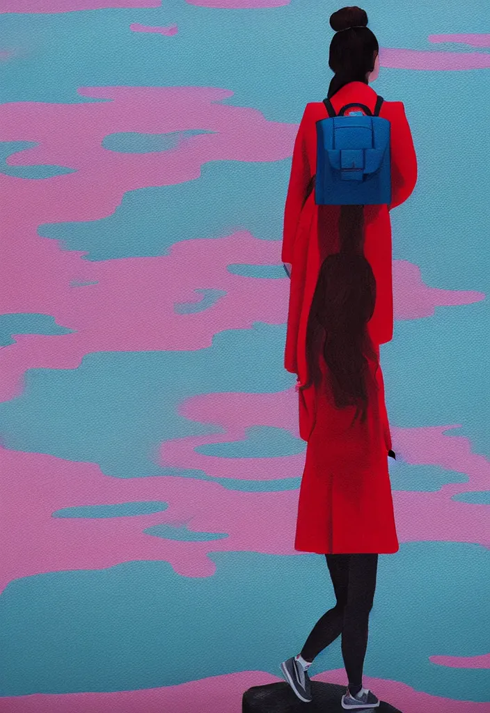 Image similar to wide shot rear view slr camera photographer woman hair in a bun kanzashi long red pattern coat backpack sneakers looking out over a placid lake, a character design painting, in the style of wes anderson, lola dupre, david hockney, isolated on negative white space background dark monochrome neon fluorescent spraypaint accents volumetric octane render, no double