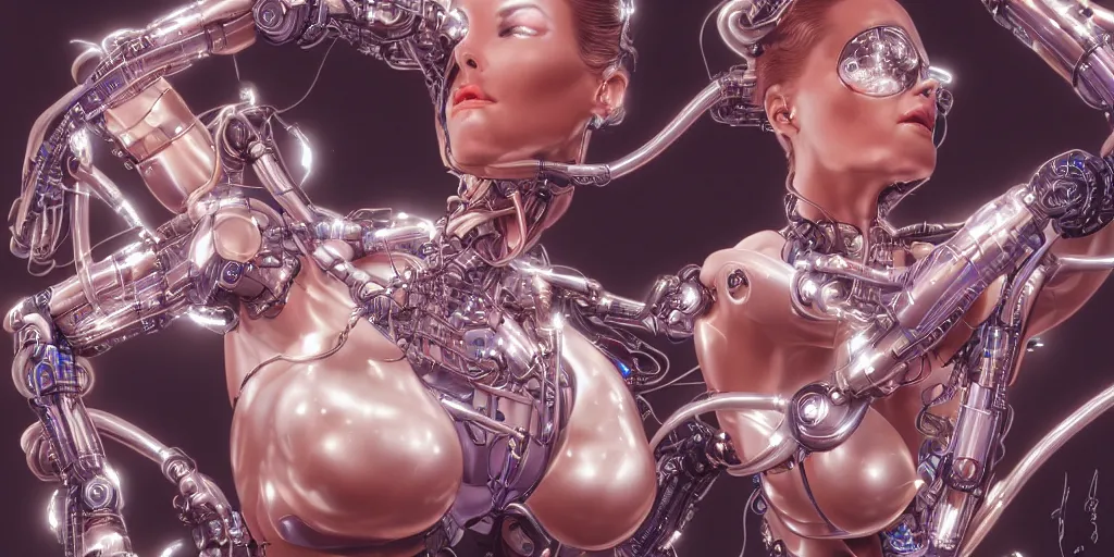 Image similar to beauty woman, robotic and wiring, surrounded by led monitors, very detailed, dramatic lighting, detailed mechanical hands, electrical details, high details, 4k, 8k, trending on artstation, by Hajime Sorayama and Boris Vallejo