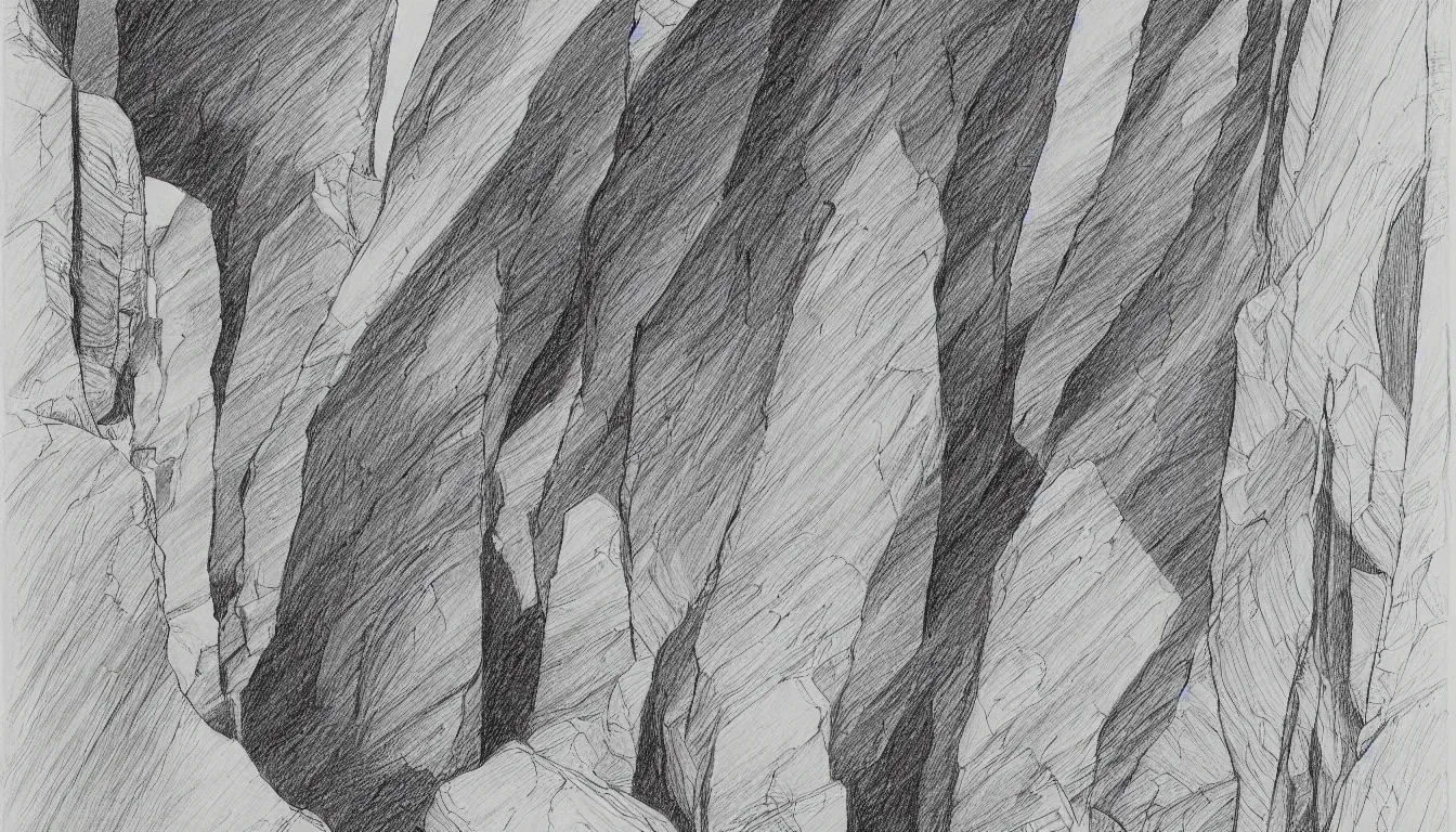 Prompt: Slot canyon drawing by Moebius, minimalist, detailed, black and white drawing