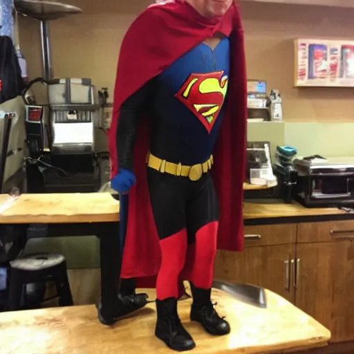 Prompt: Just one of the many incredible superheros hanging out in the coffee shop backroom.