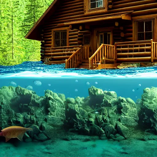 Image similar to a cabin in the woods underwater, 8k, high definition, highly detailed, photo-realistic