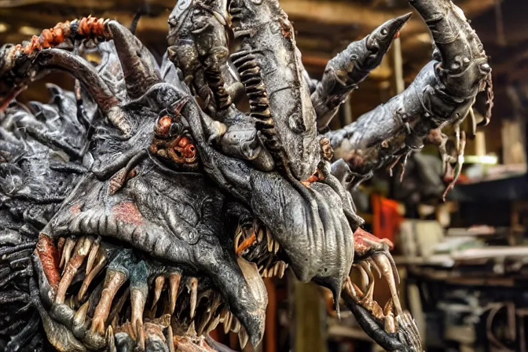 Image similar to photo taken of an epic intricate, ultra detailed, super realistic gritty, hero prop, exquisitely painted animatronic movie prop of a nightmarish hellish creature displayed in the workshop, created by weta workshop, full body shot, photorealistic, sharp focus