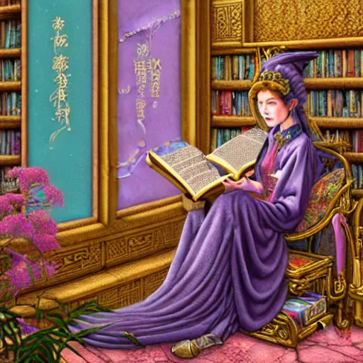 Image similar to a detailed fantasy pastel portrait of a woman wizard in ornate clothing lounging on a purpur pillow on the marble floor in front of her bookcase in a room, reading an ancient tome. to the side is a potted plant, moody light. ancient retrofuturistic setting. 4 k key art. raytracing, perspective, by chie yoshii and yoshitaka amano.