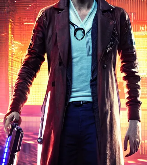 Image similar to David Tennant in the role of Doctor Who from Cyberpunk 2077, amazing short, 8K, IMAX, ultra detailed