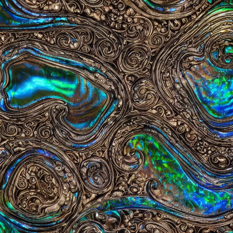 Image similar to Art Nouveau cresting oil slick waves, hyperdetailed bubbles in a shiny iridescent oil slick wave, black opal, abalone, paua shell, ornate copper patina medieval ornament, rococo, oganic rippling spirals, octane render, 8k 3D