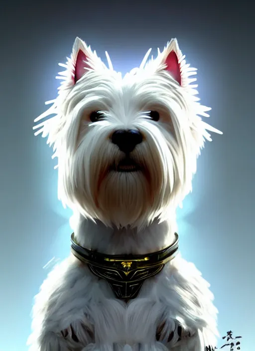 Image similar to a west highland white terrier sitting politely, facing the camera, anime art style, wearing futuristic, led - lit armor, and a cannon mounted on his back, portrait, high detail, sharp focus, digital painting, artstation, concept art, art by hayao miyazaki and artgerm and greg rutkowski and alphonse mucha.