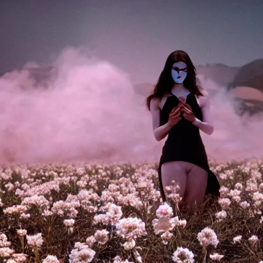 Image similar to The full body shot of beautiful pale woman with white flowers and full-face golden mask inside a thick black smoke in rocky desert landscape, glowing eyes everywhere, dey earth by Gaspar Noe and Christopher Doyle, anamorphic lens, anamorphic lens flares, kodakchrome, cinematic composition, practical effects, award winning photo, 8k