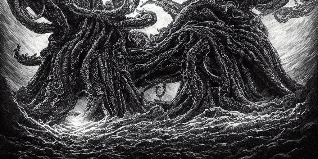 Prompt: in the black storm, a giant lovecraft shuggoth, on a darkling plain, drawn by nicholas delort!! graphic black and white, low camera, wide angle, centered composition, golden ratio