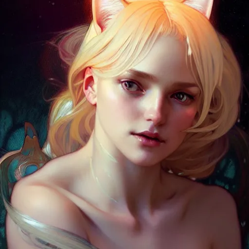 Image similar to Portrait of a girl angel with blonde hair, cat ears, glowing halo, wings, fantasy, intricate, elegant, highly detailed, digital painting, artstation, concept art, smooth, sharp focus, illustration, art by Krenz Cushart and Artem Demura and alphonse mucha