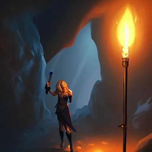 Image similar to a epic hero adventurer holding a torch in a dark cave, artgerm, realistic, cryengine, symmetric