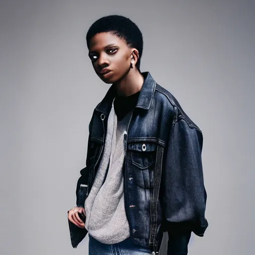 Image similar to realistic photoshooting for a new balenciaga lookbook color film photography portrait of a beautiful woman model, model wears a black paneled denim jacket, photo in style of tyler mitchell