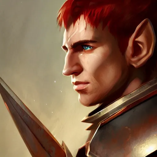 Prompt: character portrait, D&D, male half-elf, artificer, short red hair shaved on sides, white jacketed, half-plate armor, artstation, ultra detailed, in the style of Greg Rutkowski