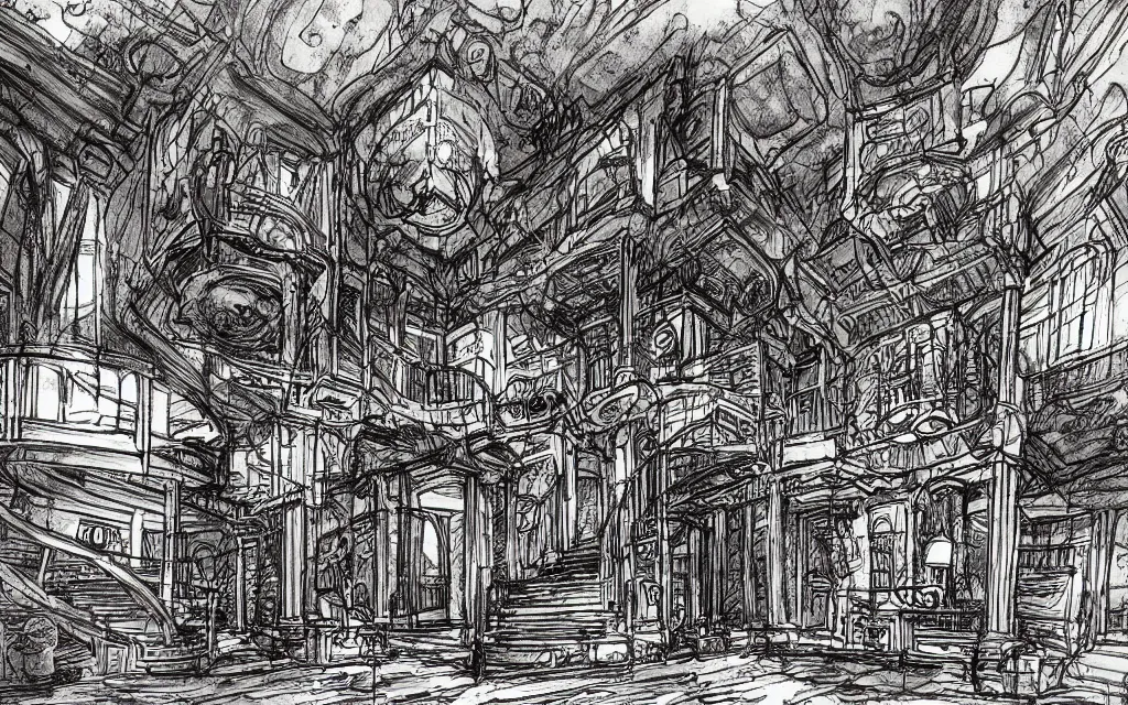 Image similar to haloween lovecraftian mansion interior epic, drawn by pete amachree