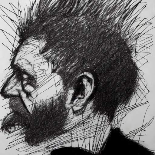 Prompt: a realistic yet scraggly portrait sketch of the side profile of a stern and sophisticated jamie hewlett, trending on artstation, intricate details, in the style of frank auerbach, in the style of sergio aragones, in the style of martin ansin, in the style of david aja, in the style of mattias adolfsson