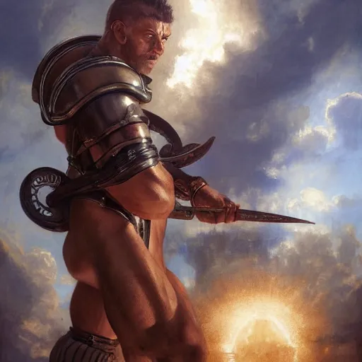 Image similar to handsome portrait of a spartan guy bodybuilder posing, radiant light, caustics, war hero, full metal alchemist, by gaston bussiere, bayard wu, greg rutkowski, giger, maxim verehin