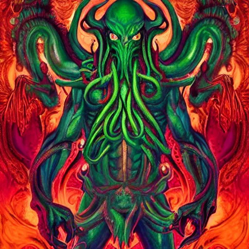 Image similar to 4 k colored headshot of godlike cthulhu with defined arms and open hands and bloody clothes with giant mandala wings, intricate face, flawless anime cel animation by kentaro miura, psychedelic, highly detailed upper body, professionally post - processed, beautiful, scary, symmetry accurate features, epic, octane rendered, anime masterpiece, accurate