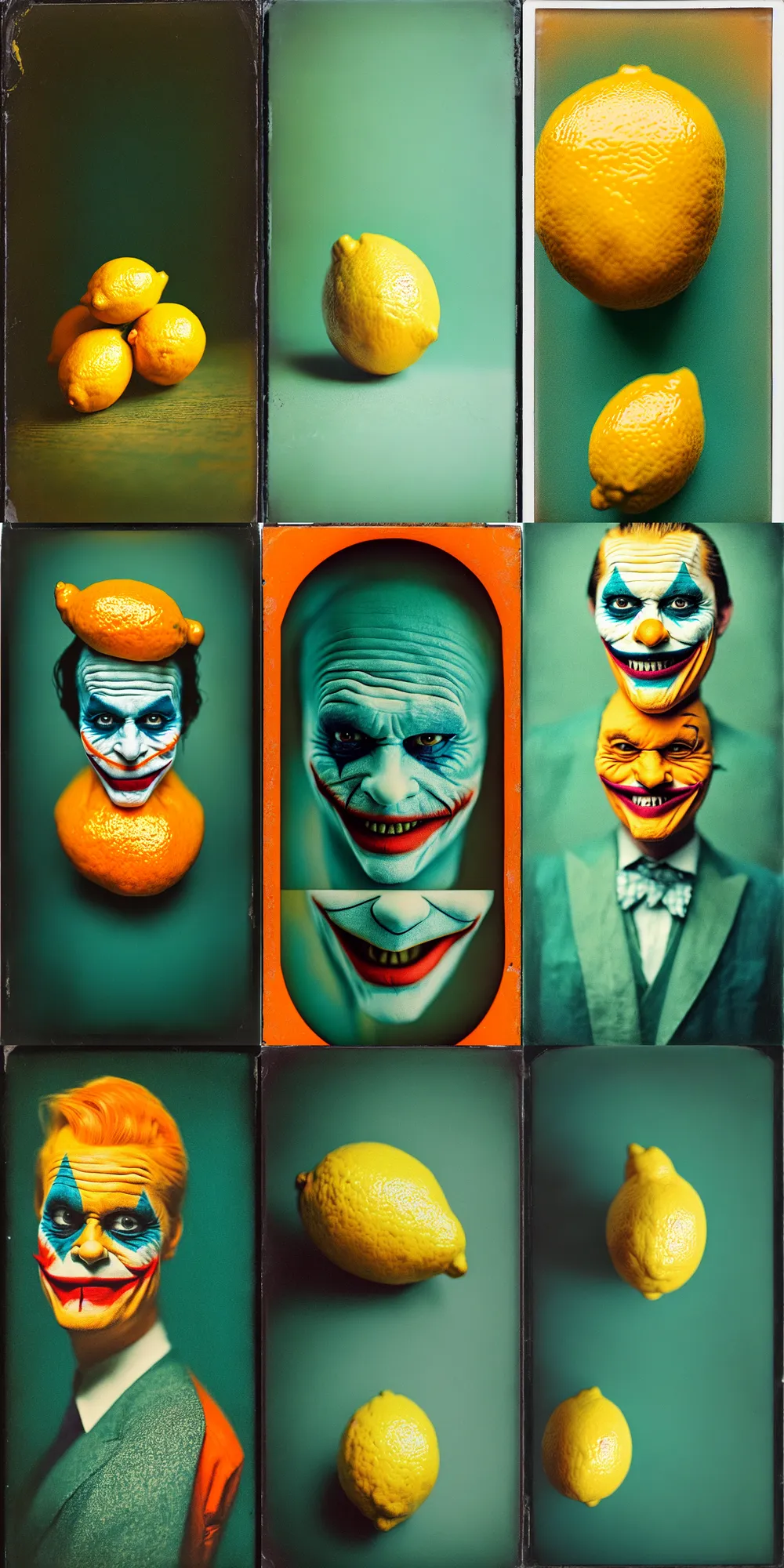 Image similar to kodak portra 4 0 0, wetplate, 8 k, shot of a highly detailed, britt marling style, colour still - life portrait of a lemon looks like 1 9 9 9 joker, teal and orange, muted coloures