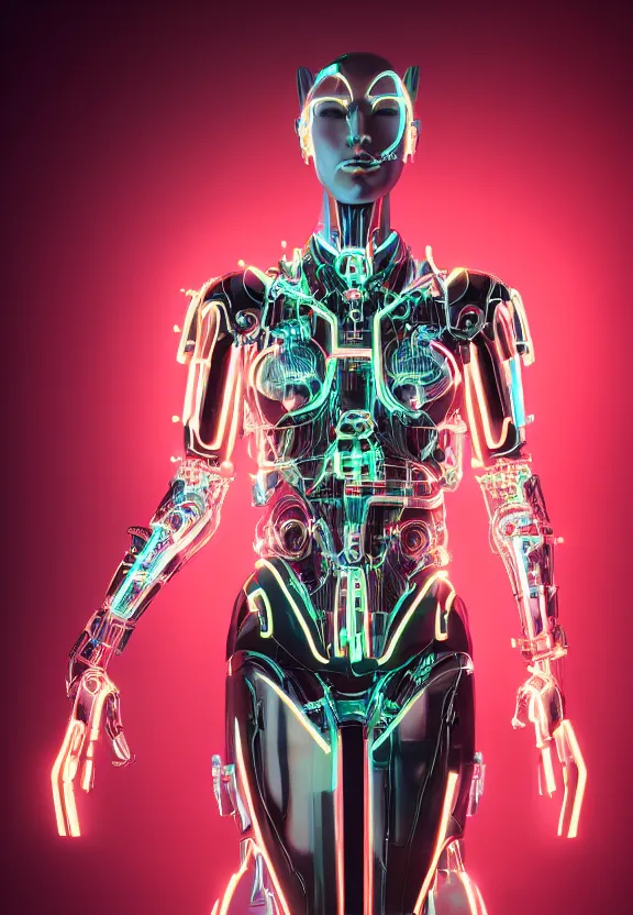 Image similar to full body portrait photo of japanese model cyborg with digital led skin, neon lighting, techno neon projector background, portrait photo, intricate details, ultra realistic, unreal engine 5, depth of field, bokeh, octane render, 8 k hd