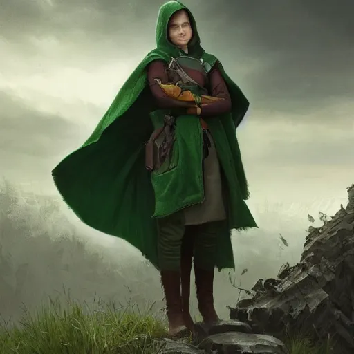 Image similar to an portrait of an hunter woman with a green cape and hoodie on, Matte painting , detailed painting, greg rutkowski