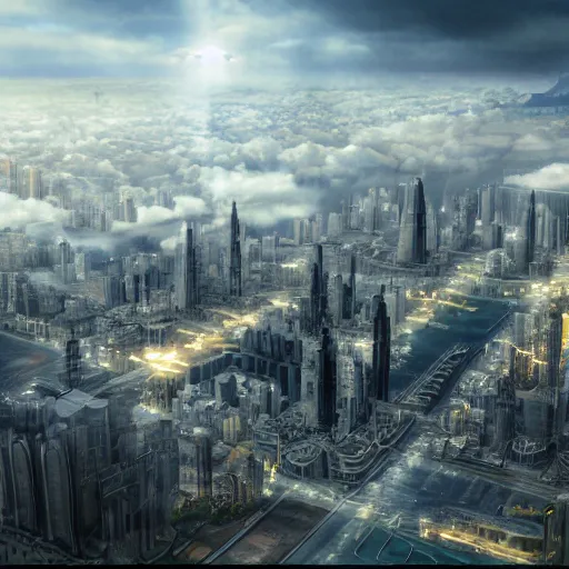 Prompt: solarpunk city in the clouds columbia # film 3 d 8 k resolution concept art
