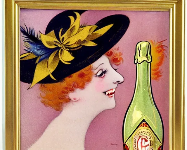 Image similar to vintage, melchizedek champagne bottle. cancan. cheerful, belle epoque, leonetto cappiello, pur champagne damery, 1 9 0 2. feather hat