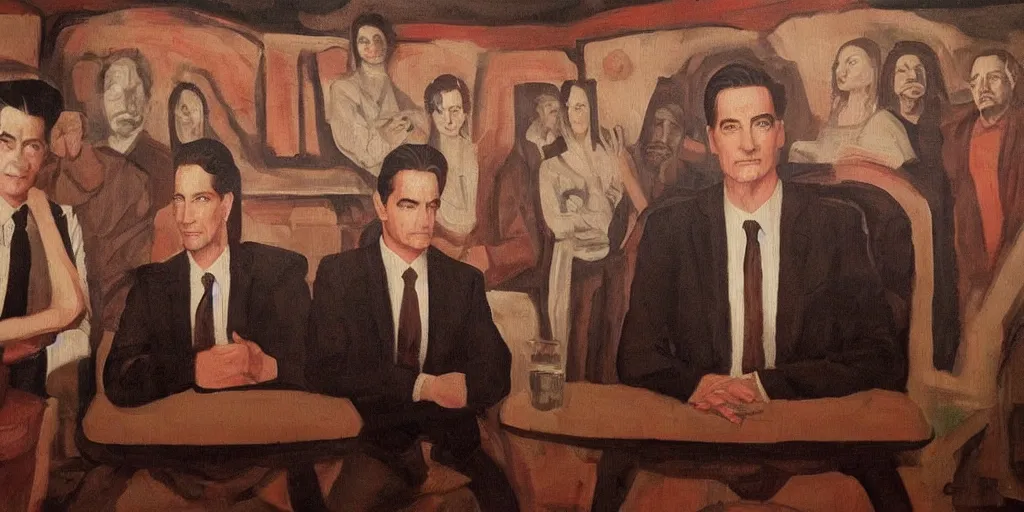 Prompt: twin peaks black lodge fresco painting, renaissance, agent cooper, dale cooper