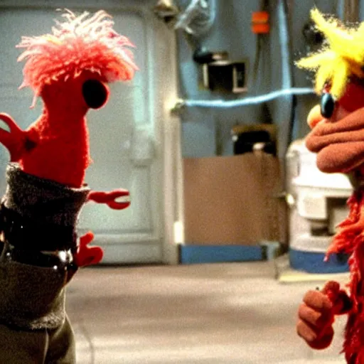 Image similar to fraggle rock meets terminator 2. Movie still.