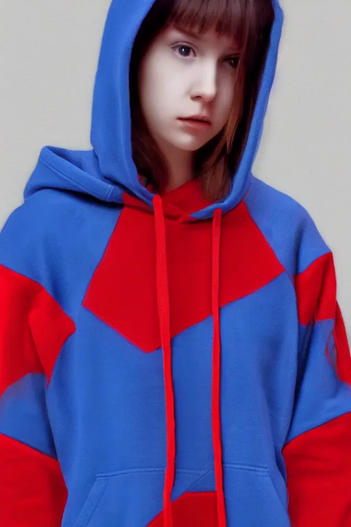 Image similar to a girl wearing a red and blue hoodie, artstation