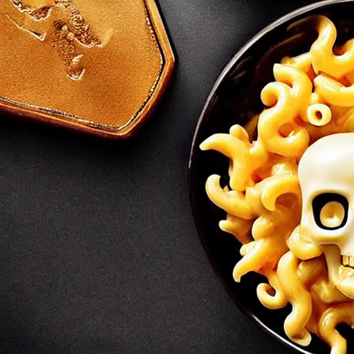 Image similar to a bowl made out of a cyborg android skull filled with delicious mac n' cheese. photograph from a restaurant menu.