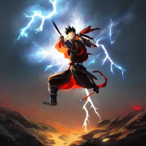 Prompt: UHD Samurai in a cosmic lightning storm on top of a mountain, lighting striking his sword, painted in the style of Greg Rutkowski, Toriyama and Todd McFarlane